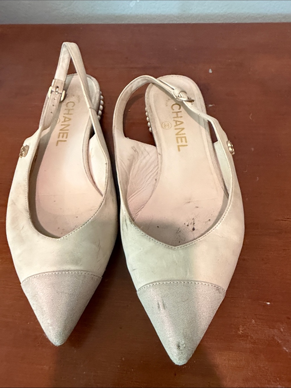 CHANEL Beige Pointed Slingback Flats